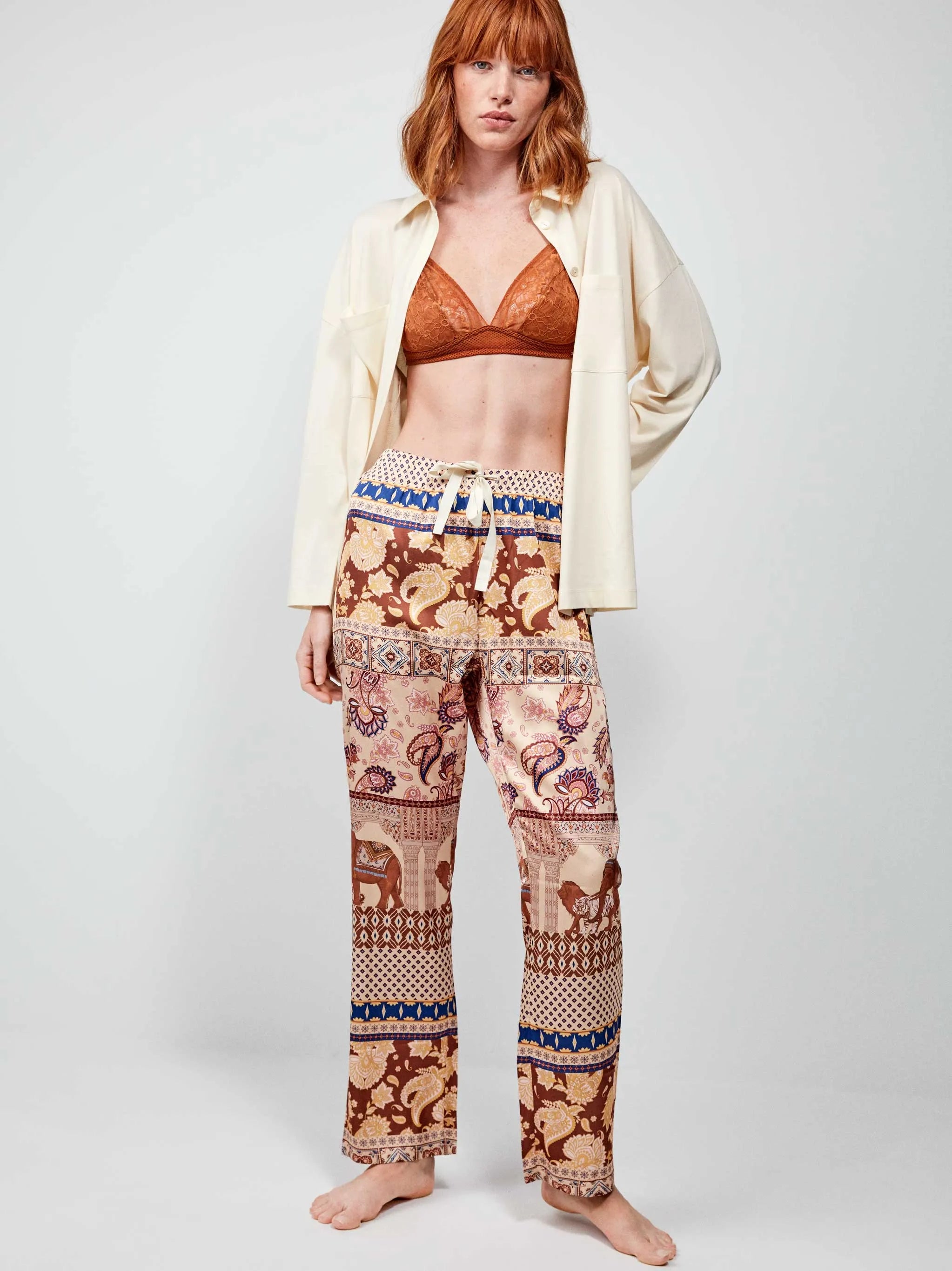 Pijama camisero en punto de algodón y satén - Main Image